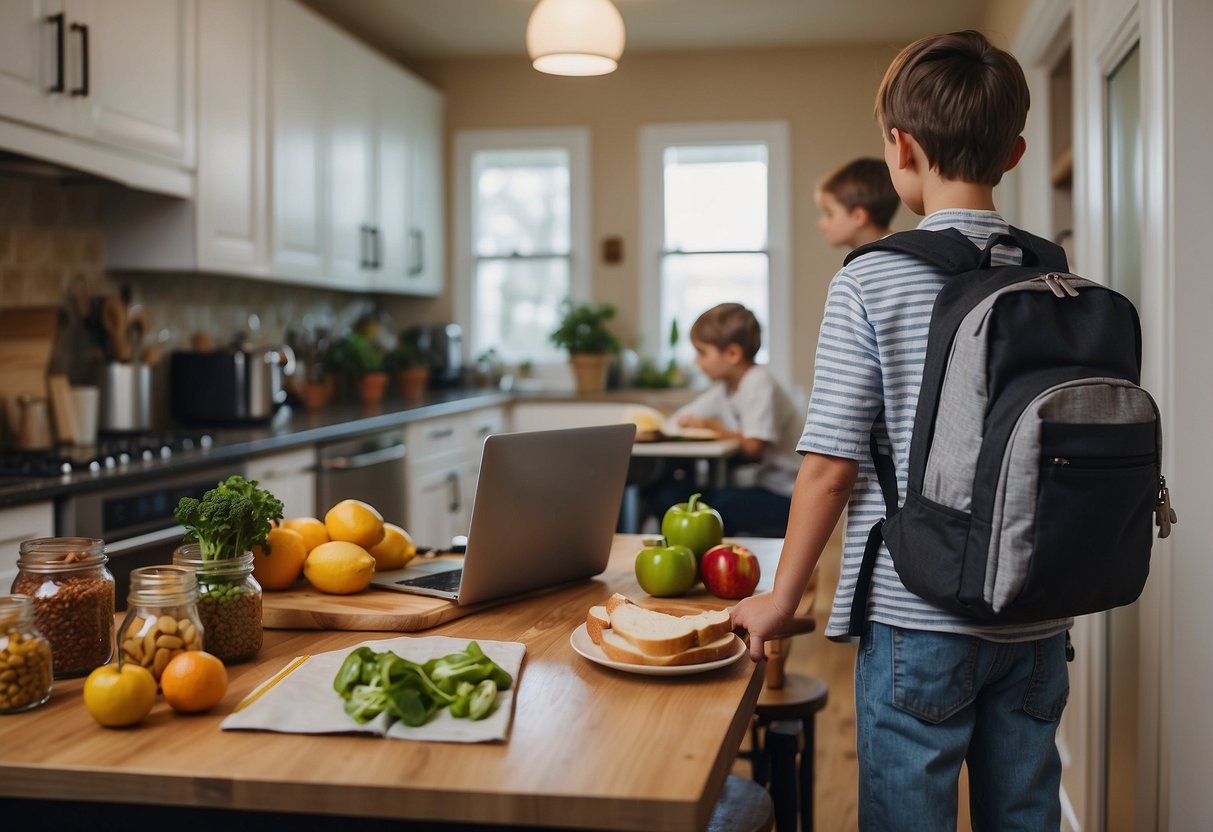 A busy family kitchen with a calendar on the wall, a meal prep station, and a laptop open to a work schedule. A child's backpack sits by the door, ready for school