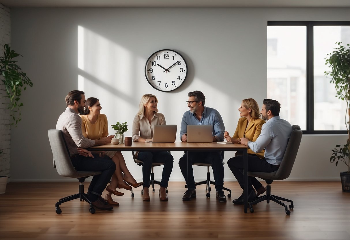 A family sitting around a table, engaged in conversation. A clock on the wall shows the time, while work-related items like a laptop and briefcase are scattered around