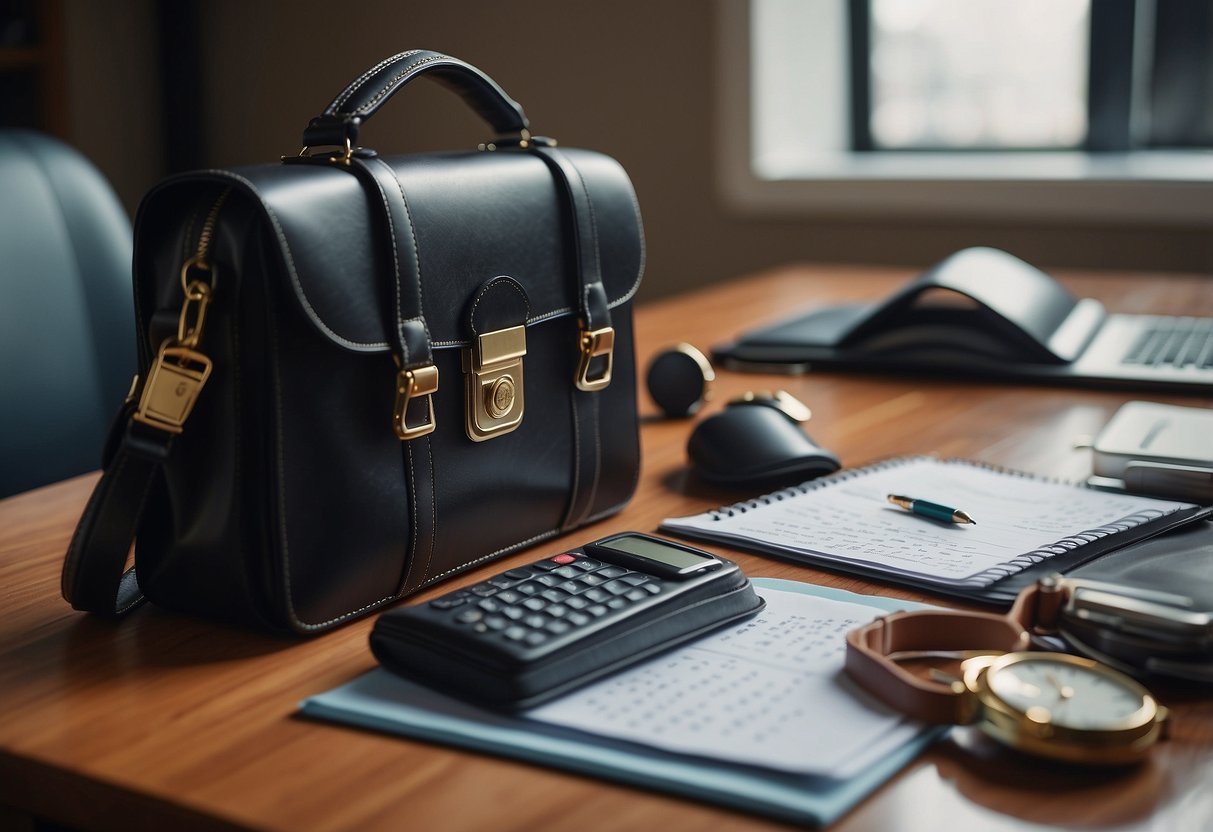 A person's briefcase and a child's toy scattered on a desk, with a calendar showing work deadlines and family events. A laptop open to a work presentation, while a family photo sits nearby