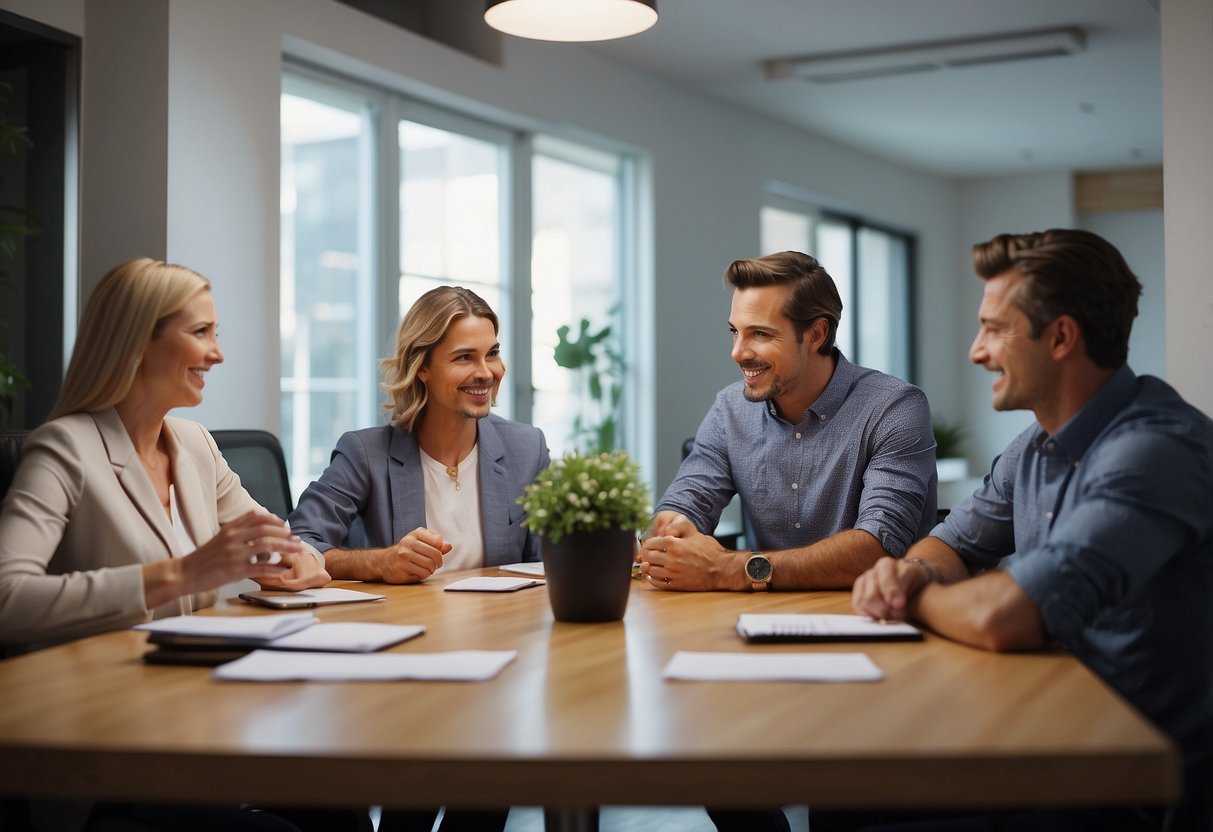 A family sitting around a table, discussing work-life balance. A calendar and clock on the wall show flexibility in scheduling. The atmosphere is open and supportive