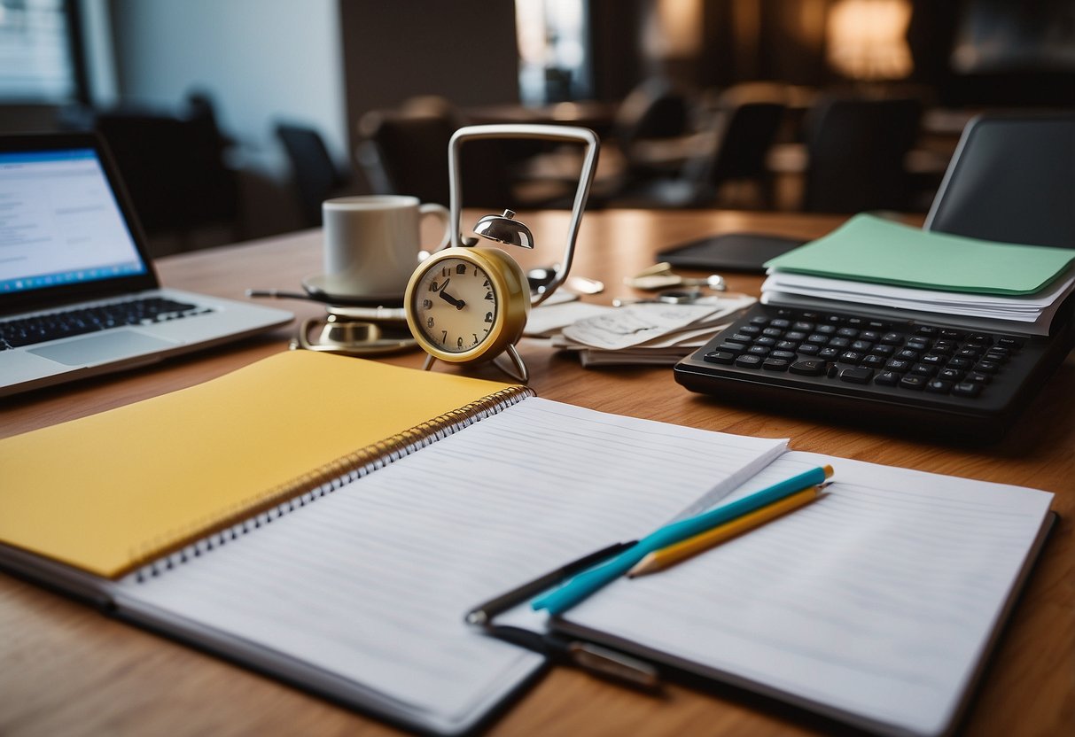 A dining table with scattered papers, laptops, and planners. Each family member's workload is represented by different colored folders and notebooks. A clock on the wall shows the time as late evening