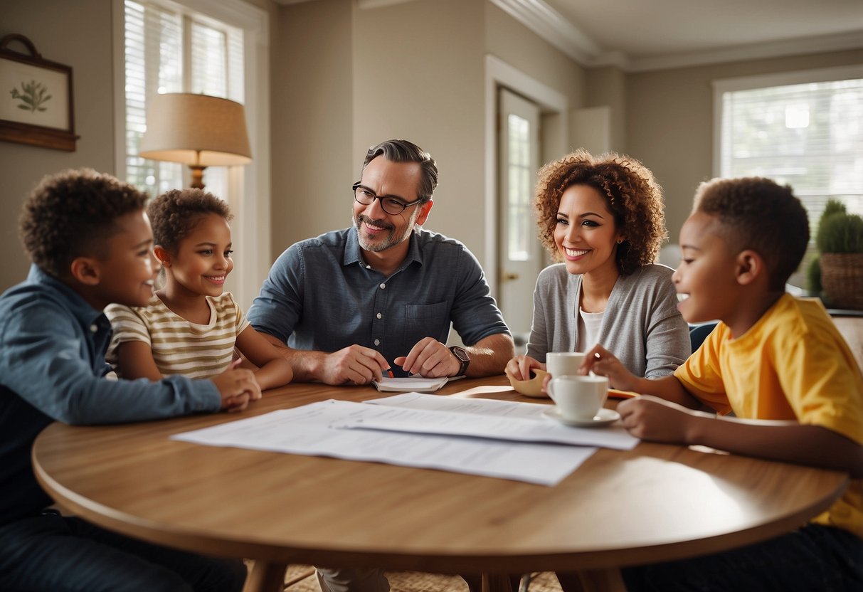 A family sitting around a table, engaged in conversation. One person is holding a list of topics titled "Communicating Needs and Expectations." They are all focused and actively participating in the discussion