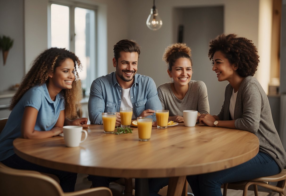 A family sitting around a table, having open and supportive conversations about work-life balance. Each member is engaged and listening attentively, with a warm and positive atmosphere