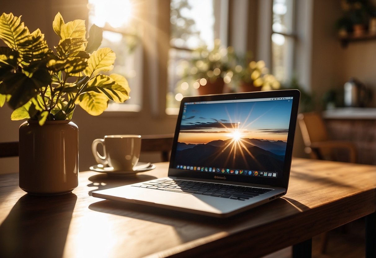 A laptop open on a kitchen table, surrounded by a mug of coffee, a notebook, and a smartphone. Sunlight streams in through the window, casting a warm glow on the scene