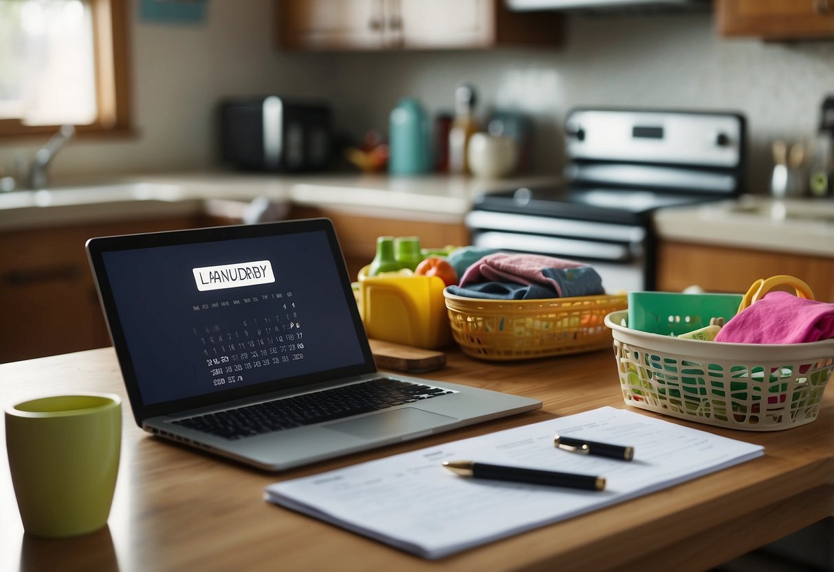 A kitchen table with a laptop, calendar, and to-do list. A sink filled with dishes and a laundry basket overflowing. A child's toy scattered on the floor