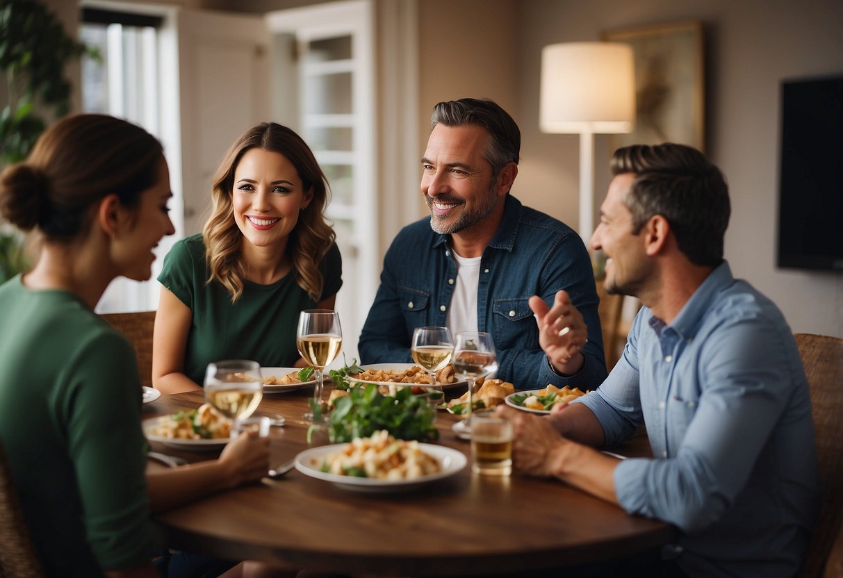 A family sitting around a dinner table, engaging in open and honest conversations about work-life balance. The atmosphere is warm and supportive, with everyone actively participating in the discussion