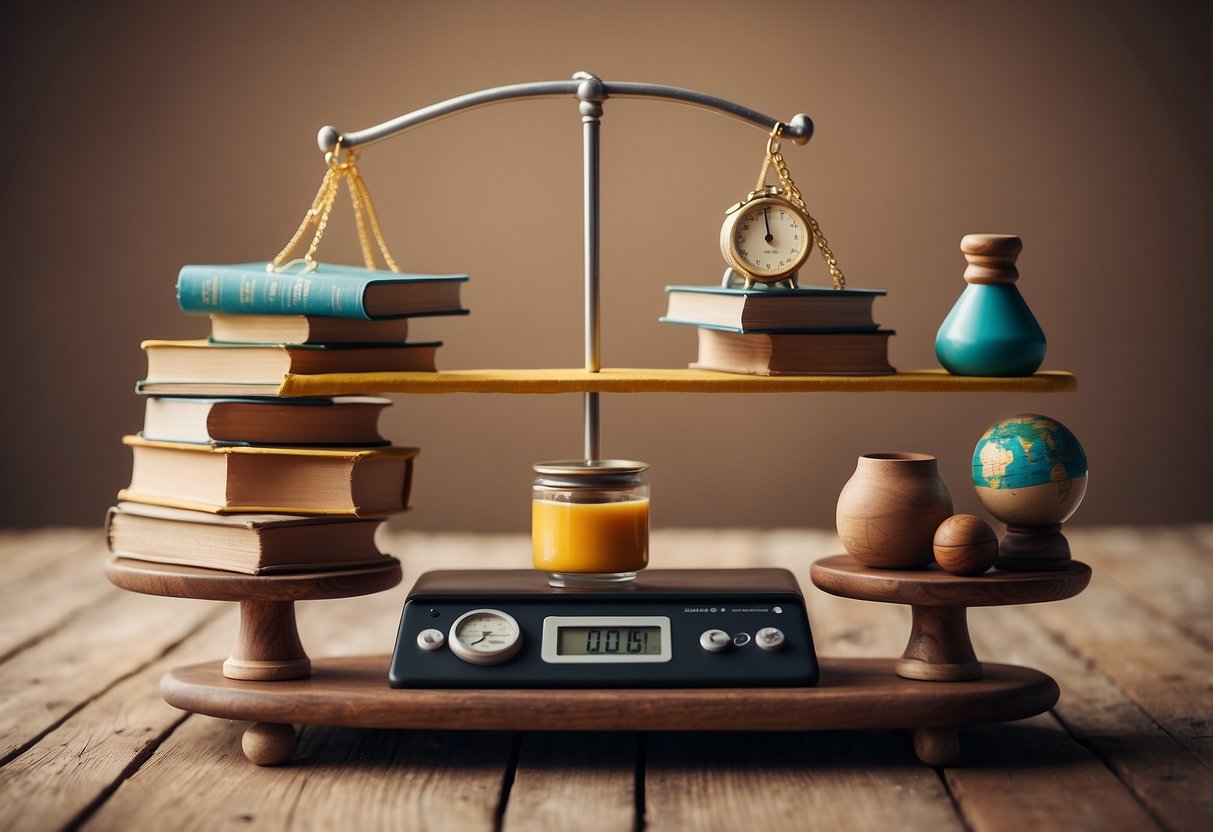 A scale with various objects on each side, representing work and play. A child balancing on a tightrope, symbolizing the need for equilibrium. Books and toys scattered around, showing the mix of learning and leisure