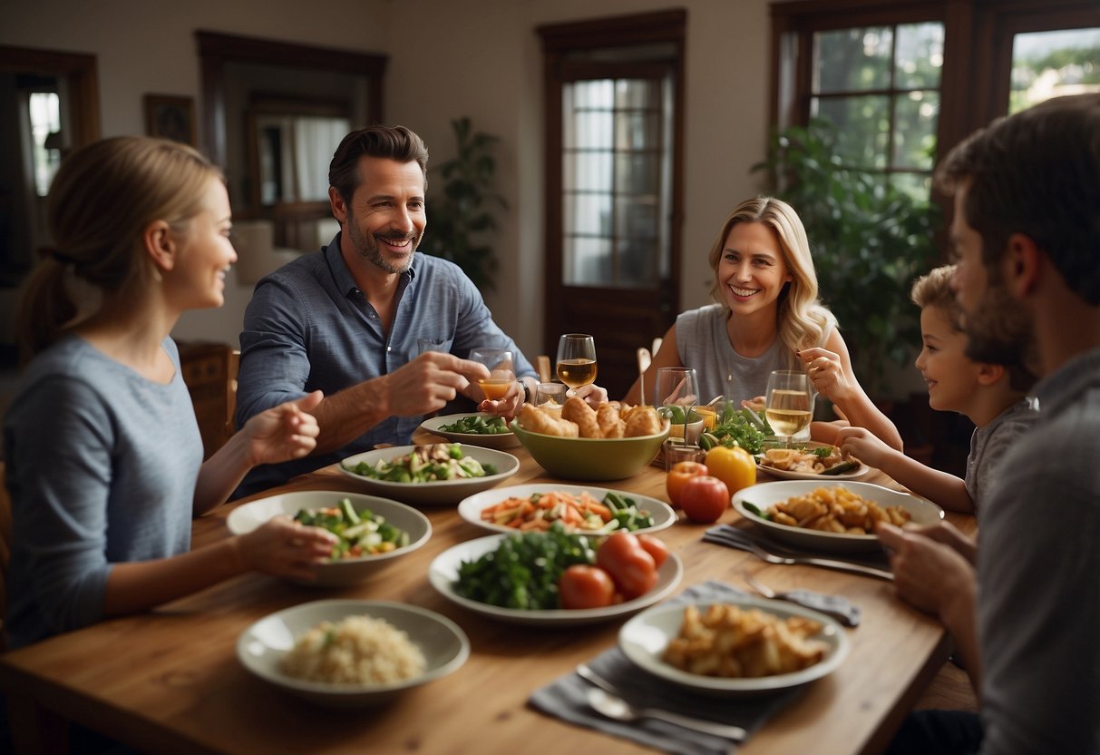 A family sitting at a dinner table, engaging in conversation and enjoying a balanced meal. A calendar on the wall shows a variety of activities and responsibilities