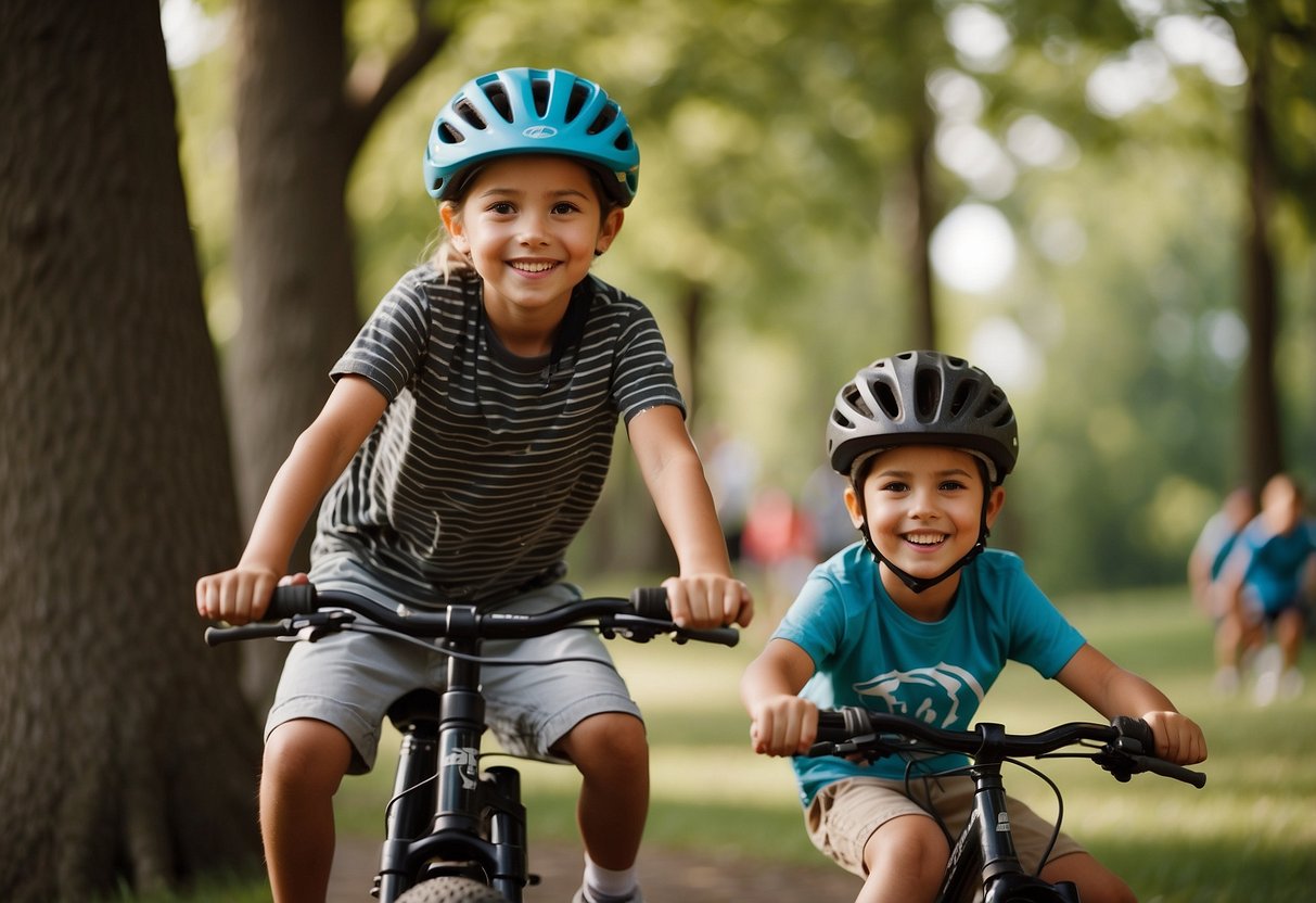 Children playing outdoors, riding bikes, and climbing trees. A parent watches, smiling, as the kids enjoy physical activity