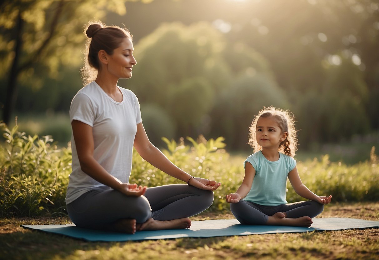 A serene, balanced setting with nature elements and calming colors. A child and adult engaging in mindful activities together, such as yoga or meditation