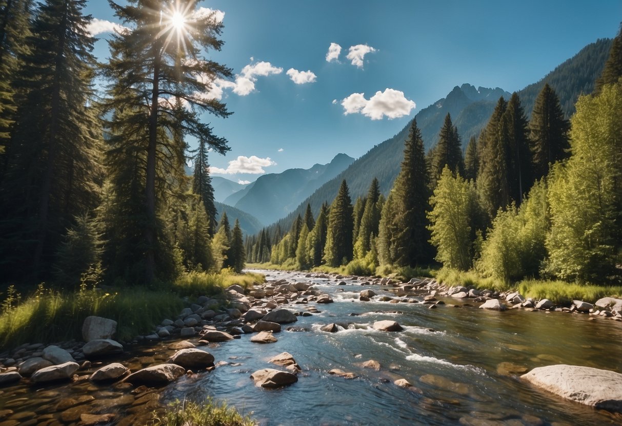 A serene landscape with a flowing river, surrounded by tall trees and mountains, under a clear blue sky with a few fluffy white clouds