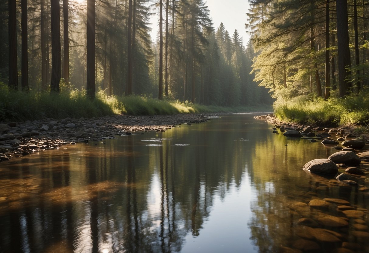 A serene landscape with a calm, flowing river and a peaceful, still forest. Sunlight filters through the trees, creating dappled patterns on the ground. A sense of tranquility and balance permeates the scene