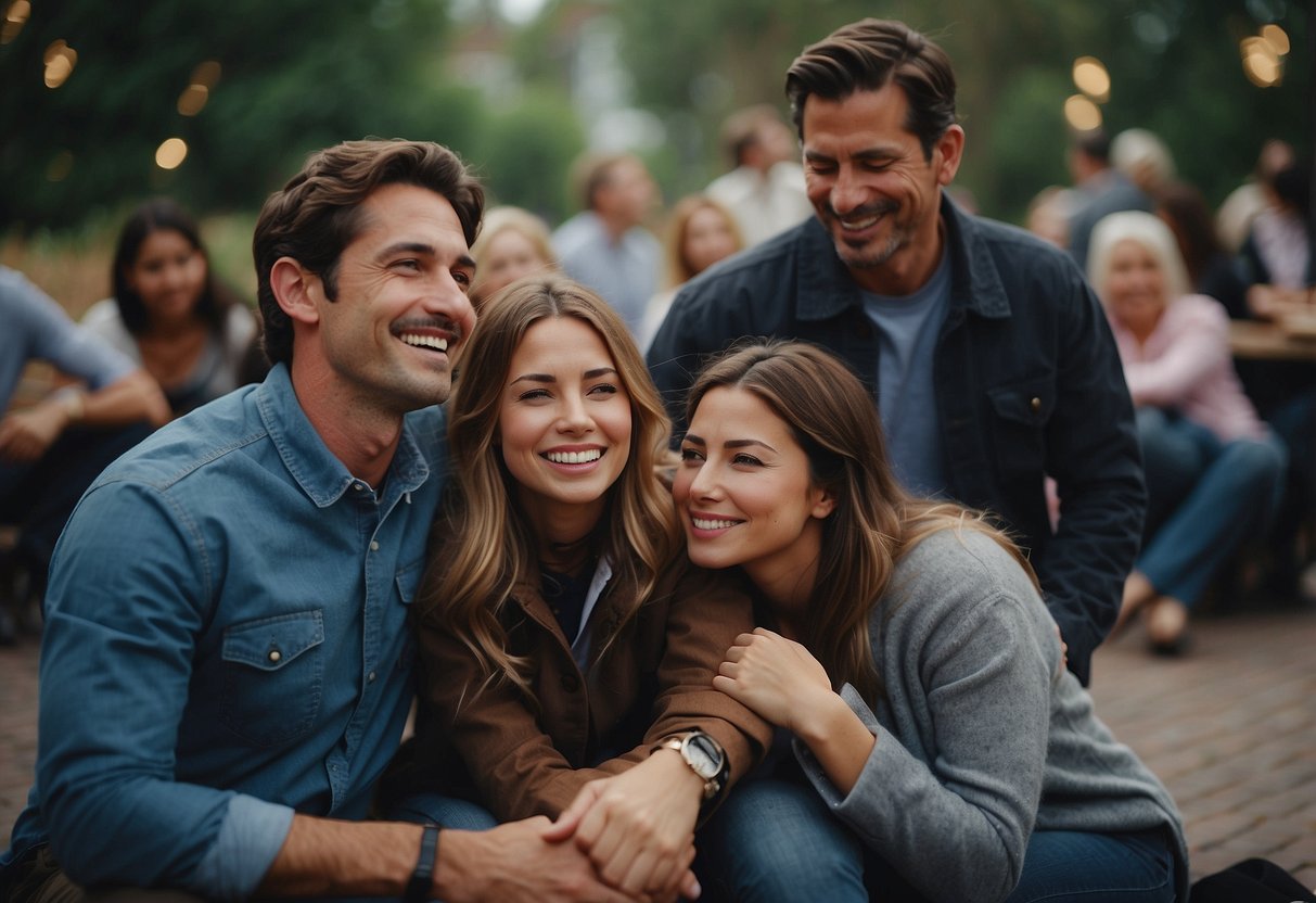 A person surrounded by supportive friends and family, seeking comfort and advice during a major life change