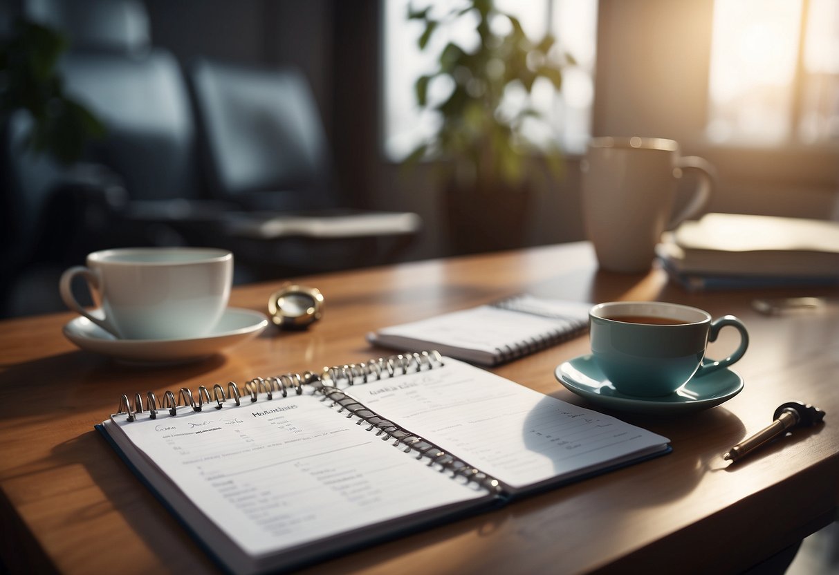 A desk with a planner, clock, and a cup of tea. A person meditating or exercising in the background. A calendar with marked deadlines