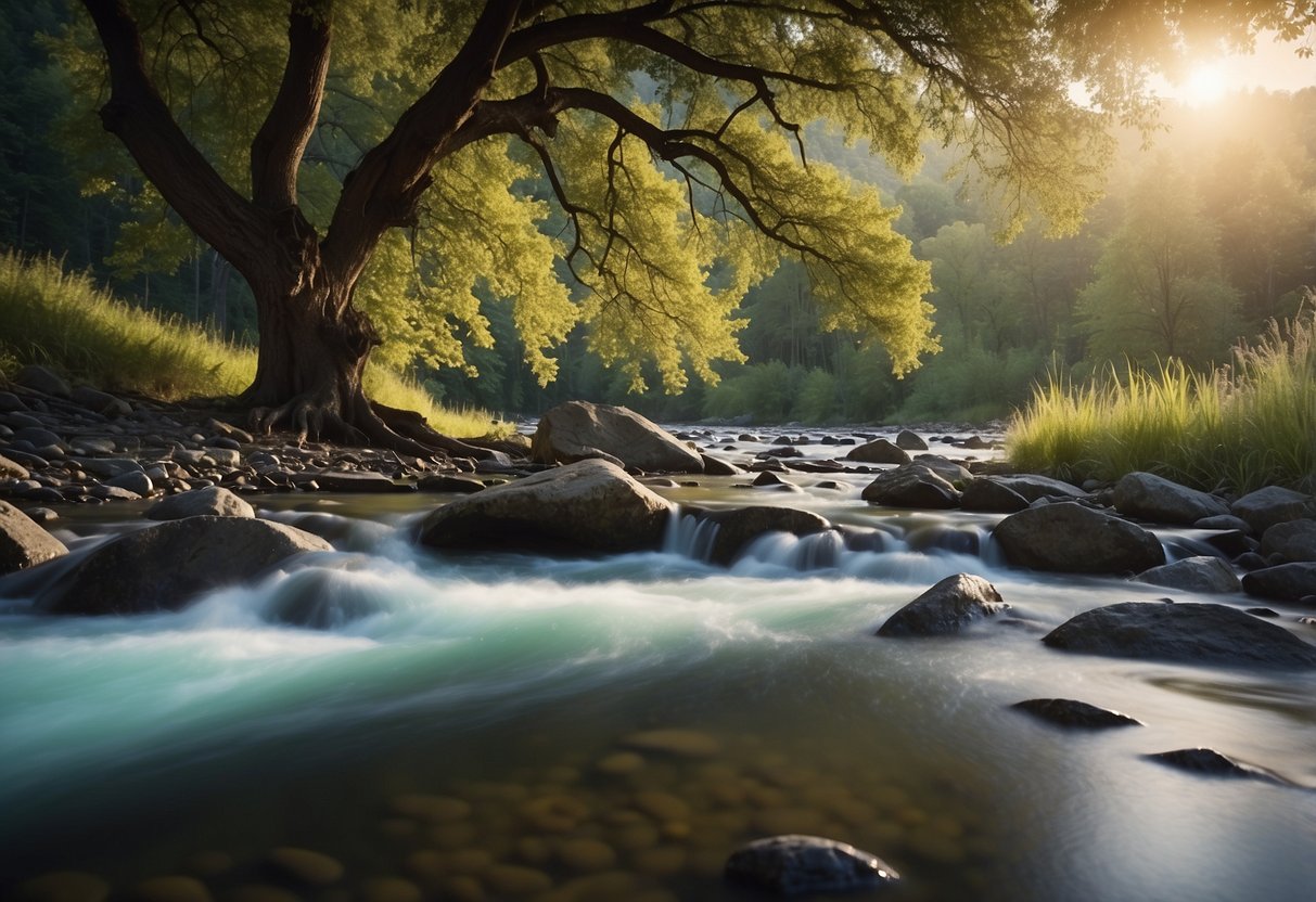 A serene landscape with a flowing river and a sturdy tree, surrounded by calm and peaceful surroundings, representing the need for stability and balance during life changes