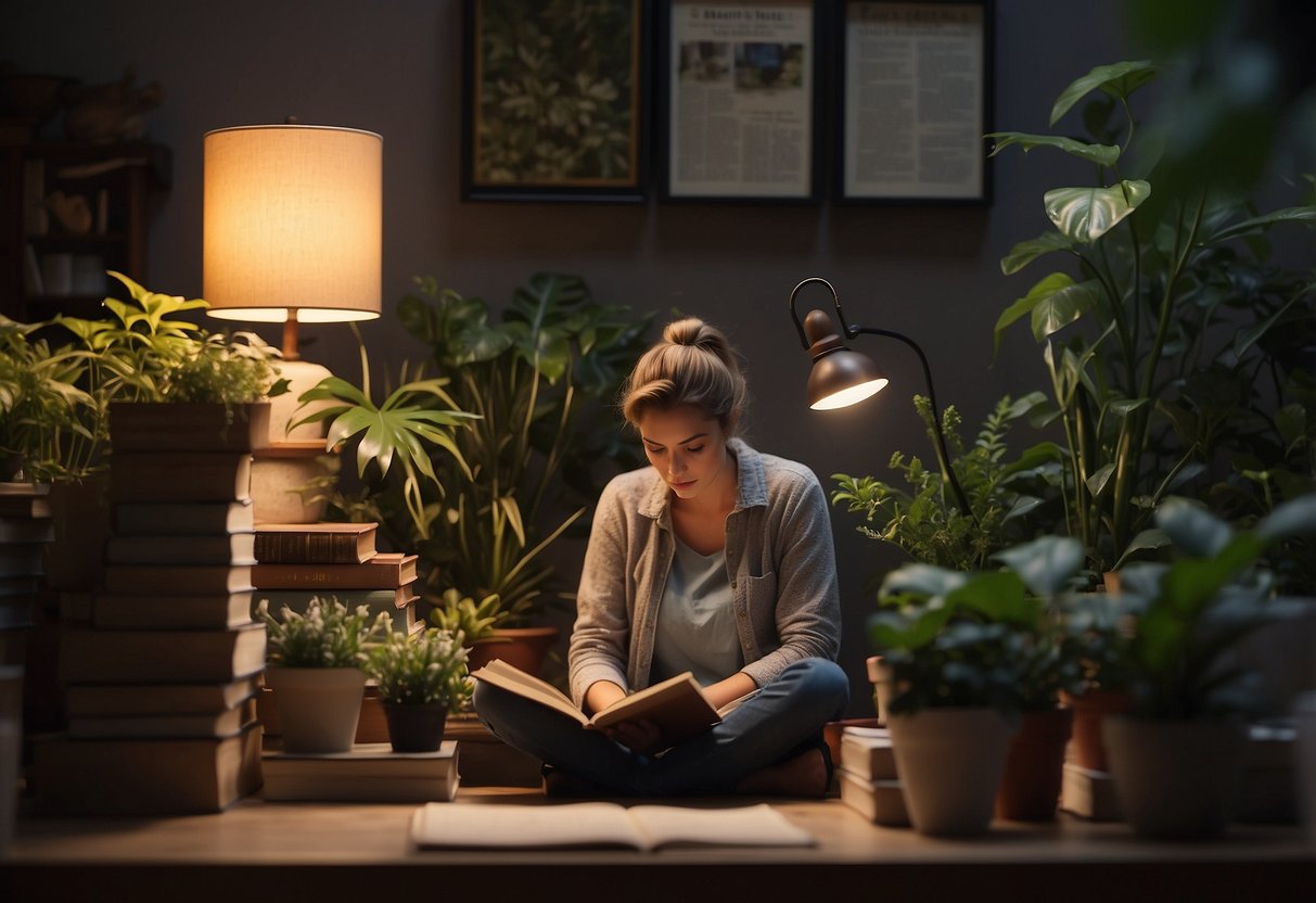 A serene figure sits in a cozy room, surrounded by plants and soft lighting. A stack of books and a journal lay nearby, with a sign on the wall reminding to limit exposure to stressful news