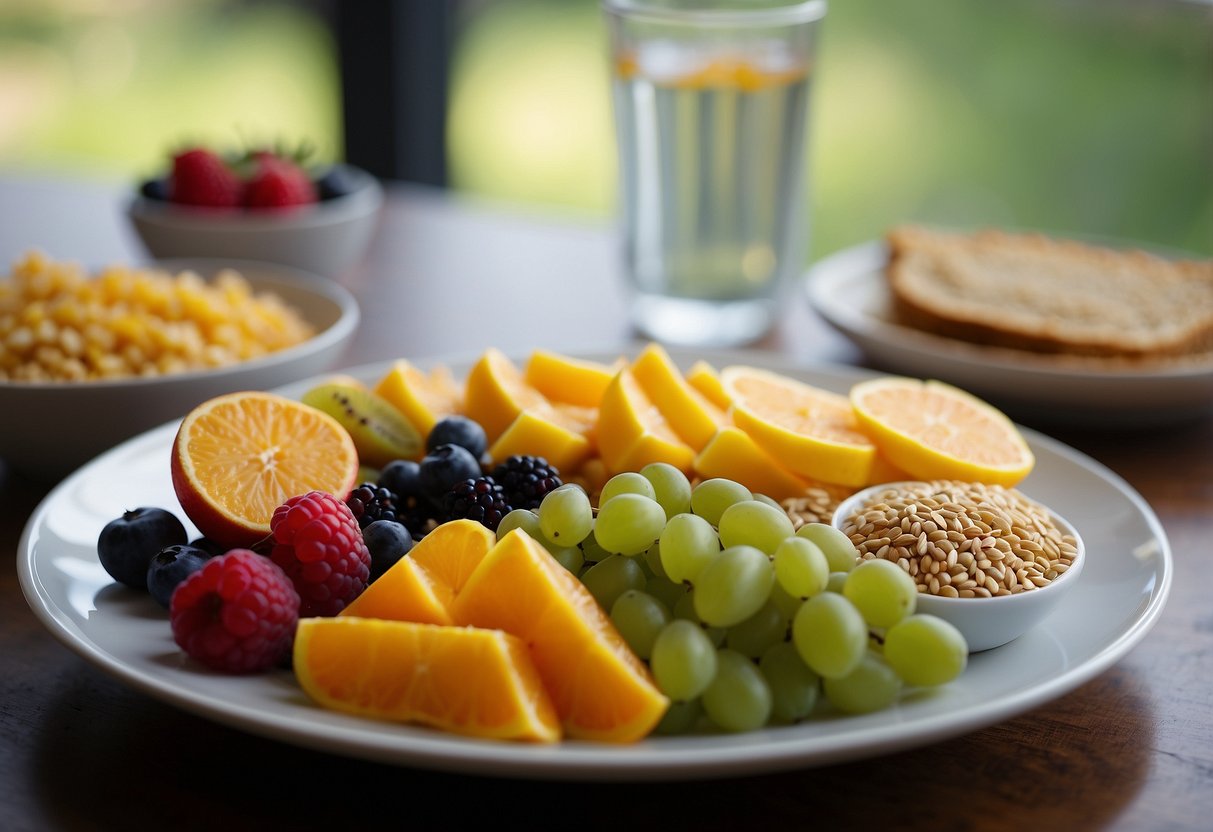 A colorful plate with a variety of fruits, vegetables, whole grains, and lean proteins. A glass of water next to the plate. A person exercising in the background