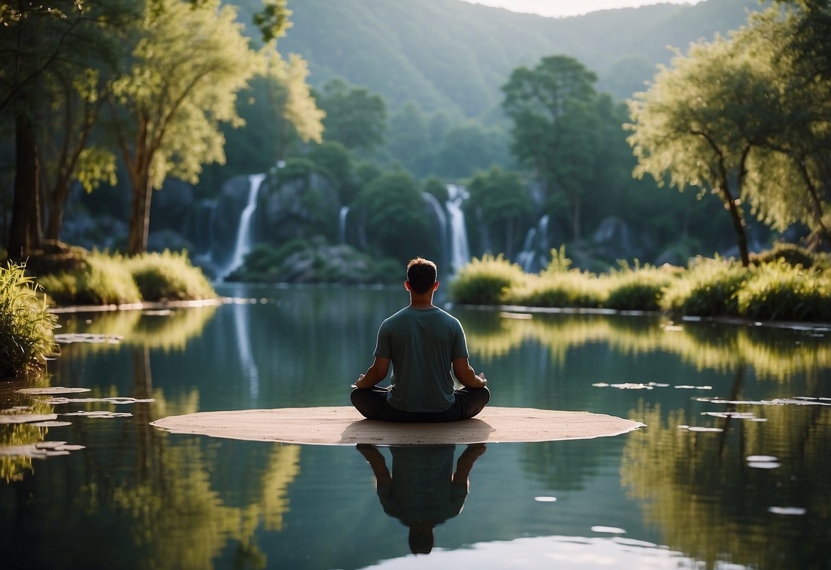 A serene setting with a person meditating in a peaceful environment, surrounded by elements of nature and relaxation such as plants, water, and calming colors