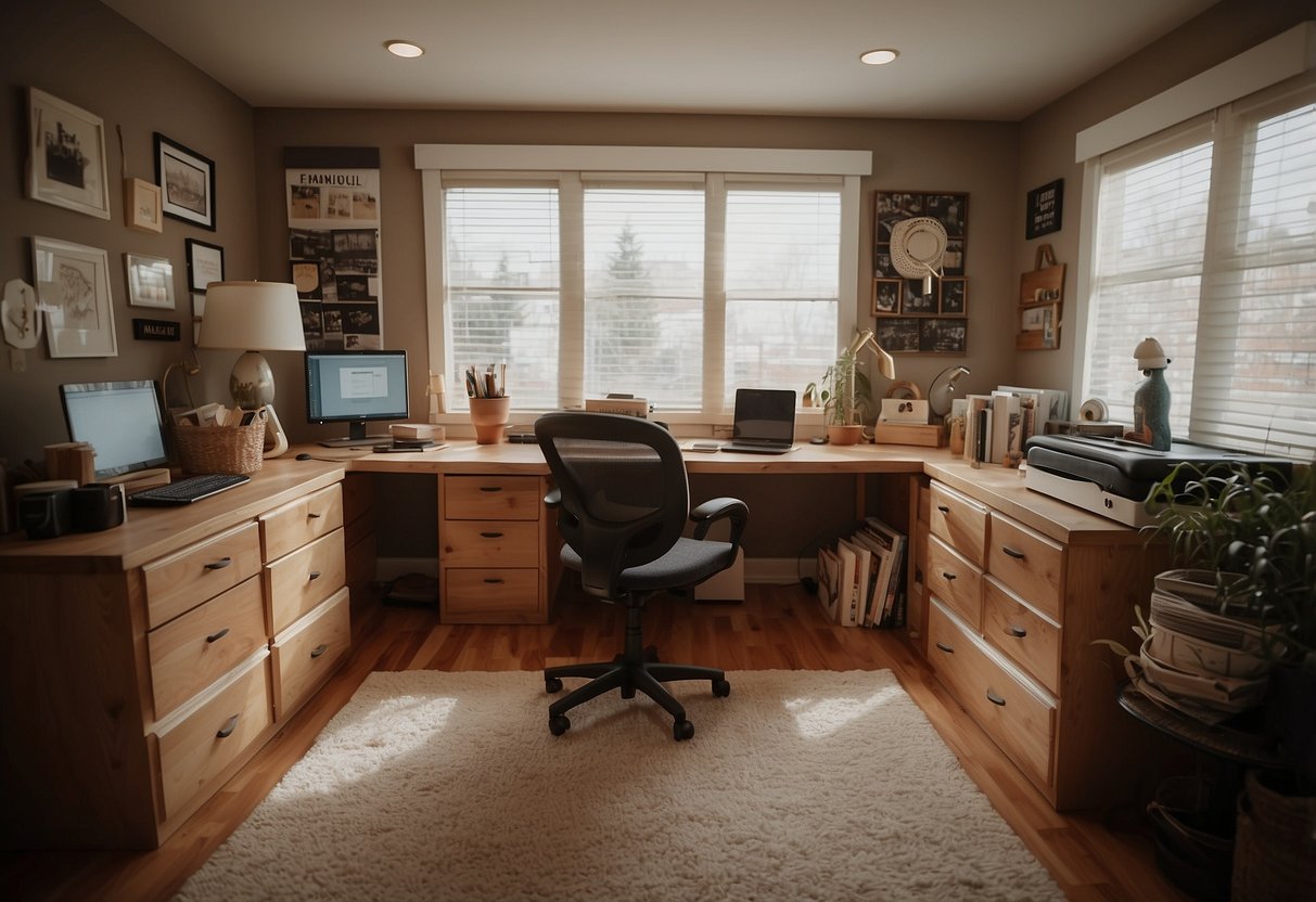 A cozy home office with a desk cluttered with work and family items. A baby crib sits nearby, with a mobile gently spinning above. A calendar on the wall shows a mix of work deadlines and family events