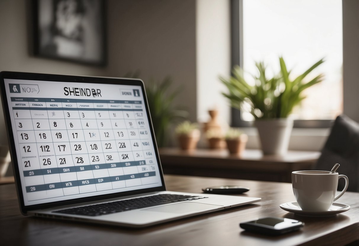 A desk with a laptop, calendar, and baby items. A clock shows work hours. Family photos and a baby announcement hang on the wall