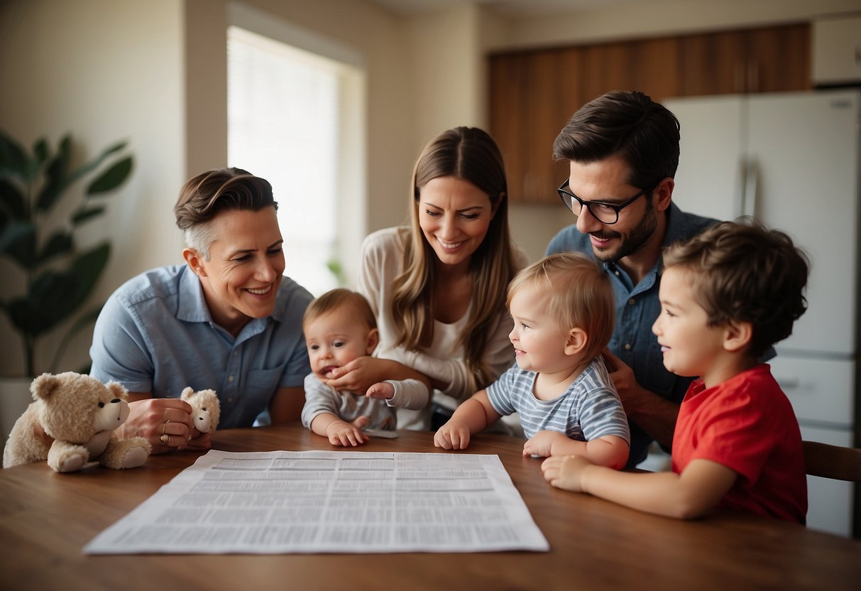 A family sitting around a table, discussing schedules and responsibilities. A baby's crib in the background symbolizes the new arrival