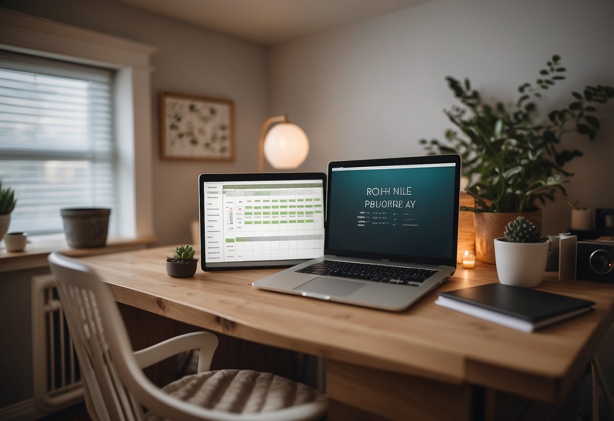 A cozy home office with a baby crib nearby. A calendar marked with family events. A laptop open with work files. A supportive partner offering help