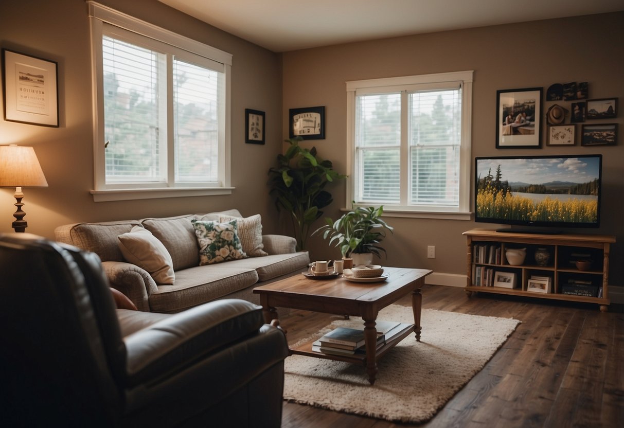 A cozy living room with a desk, laptop, and family photos. A calendar on the wall shows work and family events. A park outside the window symbolizes balance