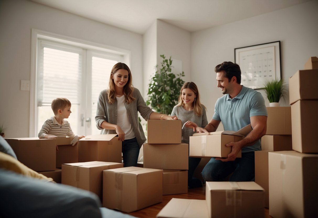 A family moves into a new home. Boxes are stacked in the living room. A calendar hangs on the wall, marking the start of a new routine