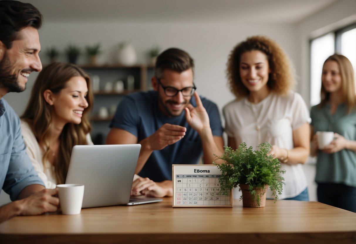 A group of people gather in a welcoming space, sharing experiences and advice. A calendar on the wall shows upcoming events. Outside, a family unpacks boxes in their new home, finding their balance