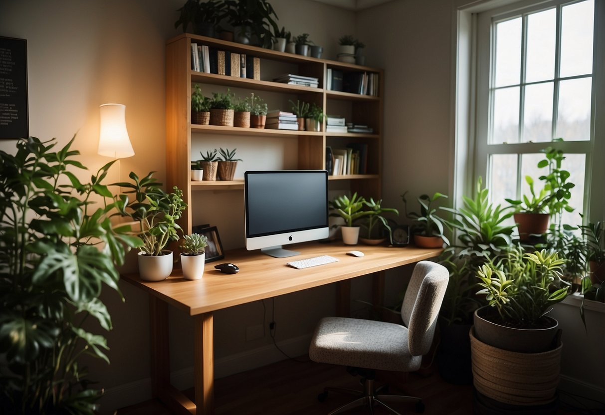 A cozy home office with a desk, chair, computer, and plants. Natural light streams in through a window. A bookshelf and organizational supplies are neatly arranged