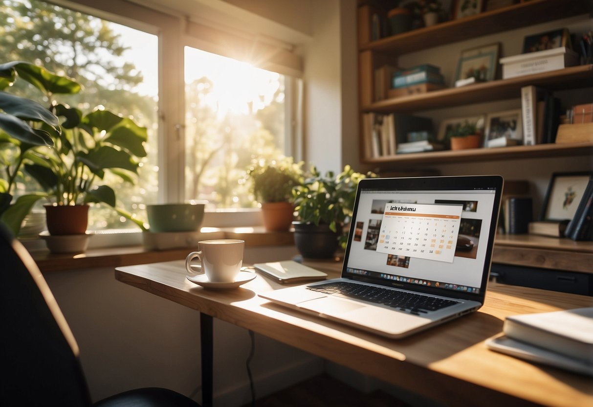 A cozy home office with a laptop, calendar, and family photos. Sunlight streams in through the window, highlighting a flexible work schedule and work-life balance