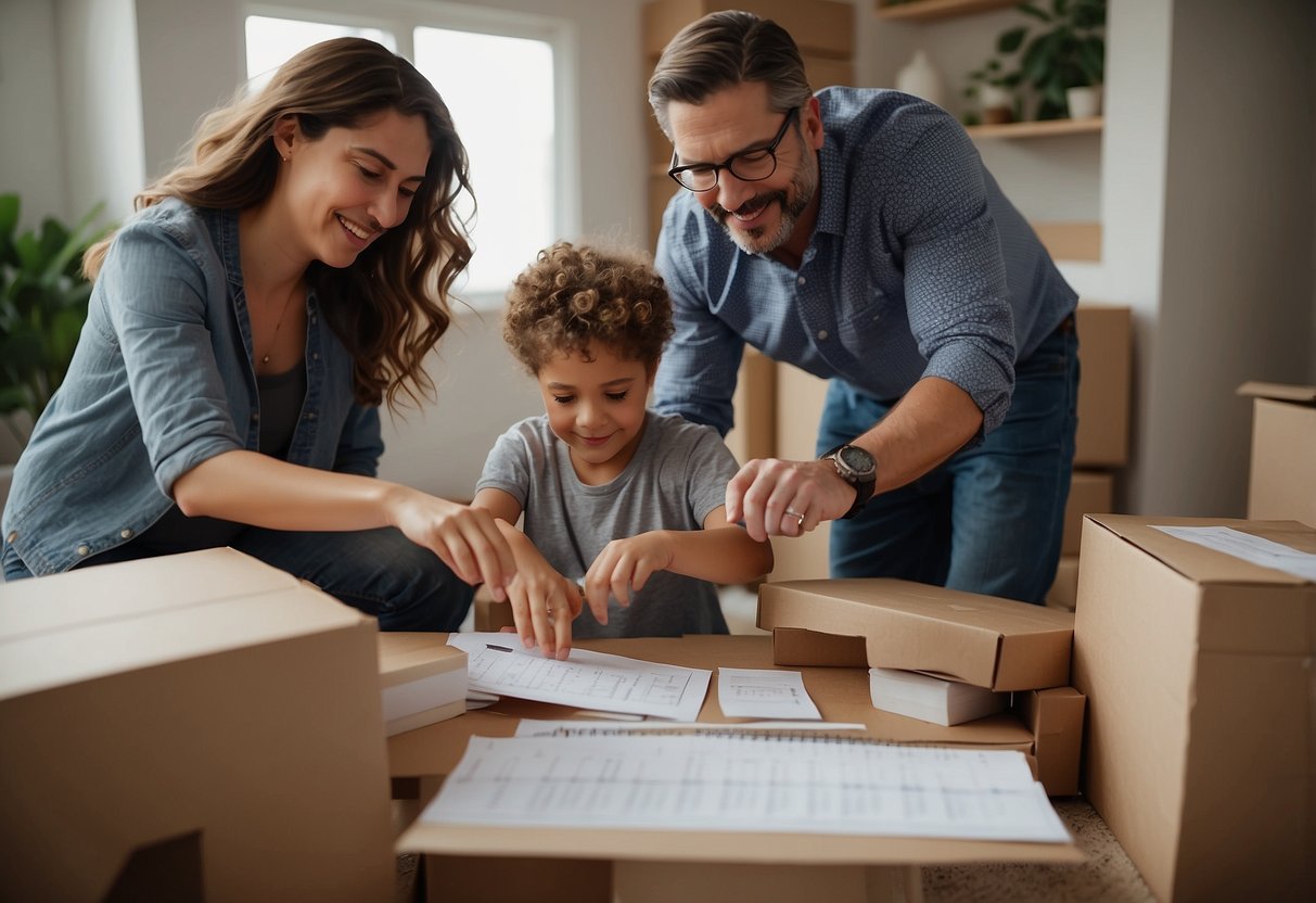 A family unpacks boxes in a new home, setting up a home office and creating a designated work area. They organize a family calendar and schedule regular breaks for outdoor activities