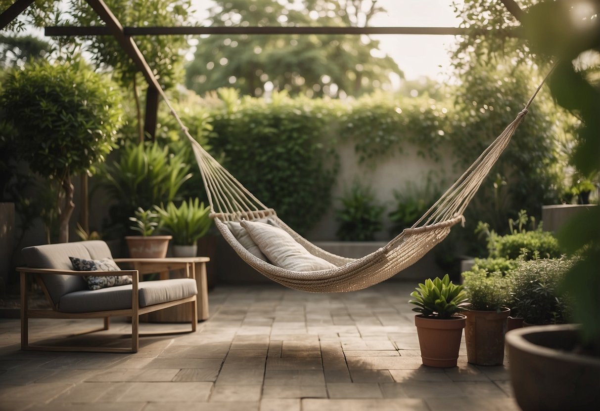 A serene home office with a clutter-free desk, a cozy reading nook, and a calming color scheme. Outside, a peaceful garden with a hammock and a bubbling fountain