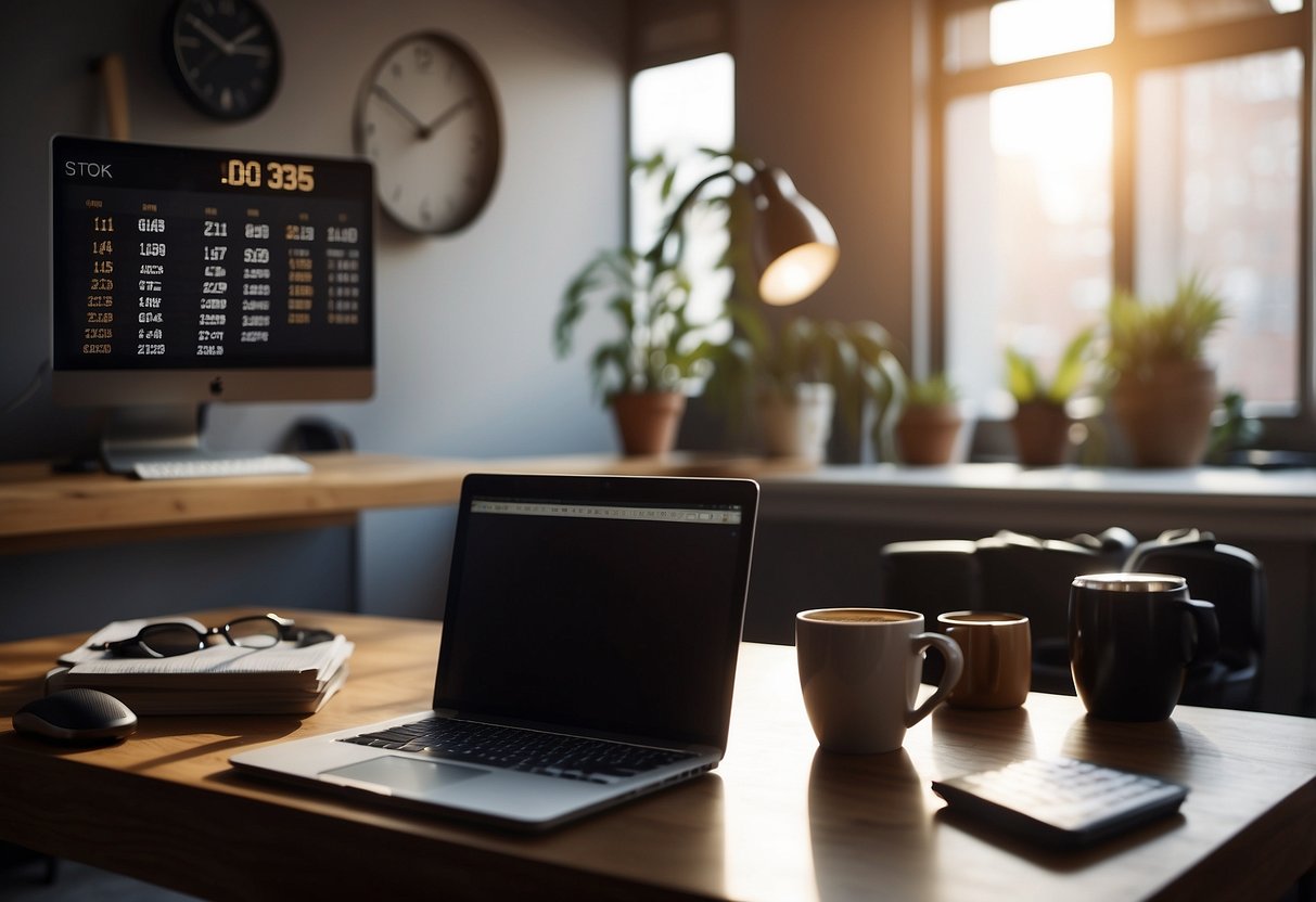 A person typing on a laptop at a desk with a calendar and to-do list. A clock on the wall shows the time. A yoga mat and running shoes are nearby. A cup of coffee sits on the desk