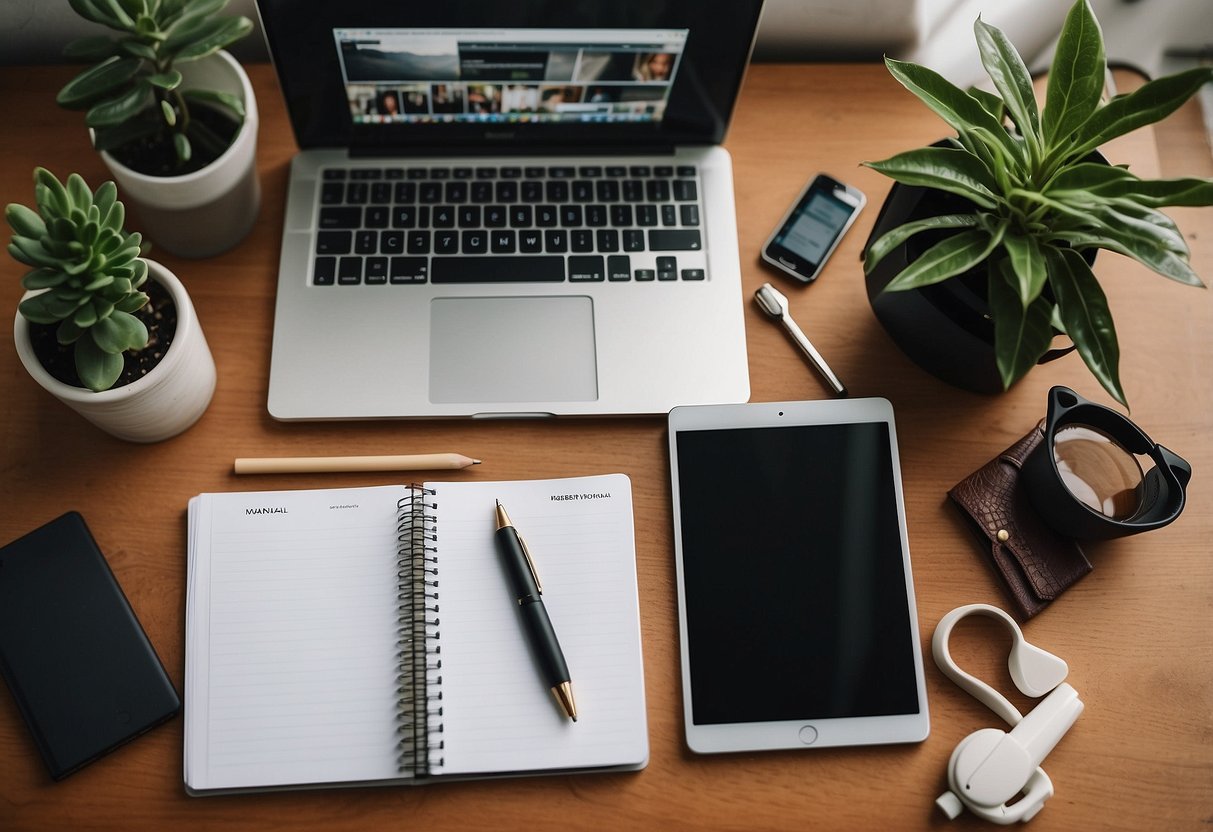 A desk with a laptop, planner, and work-related items on one side, and personal items like a family photo, journal, and plant on the other side. A clear divide between work and personal space