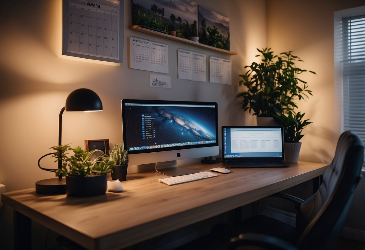 A cozy home office with a desk, computer, and comfortable chair. A calendar on the wall shows scheduled downtime activities. A serene atmosphere with plants and soft lighting