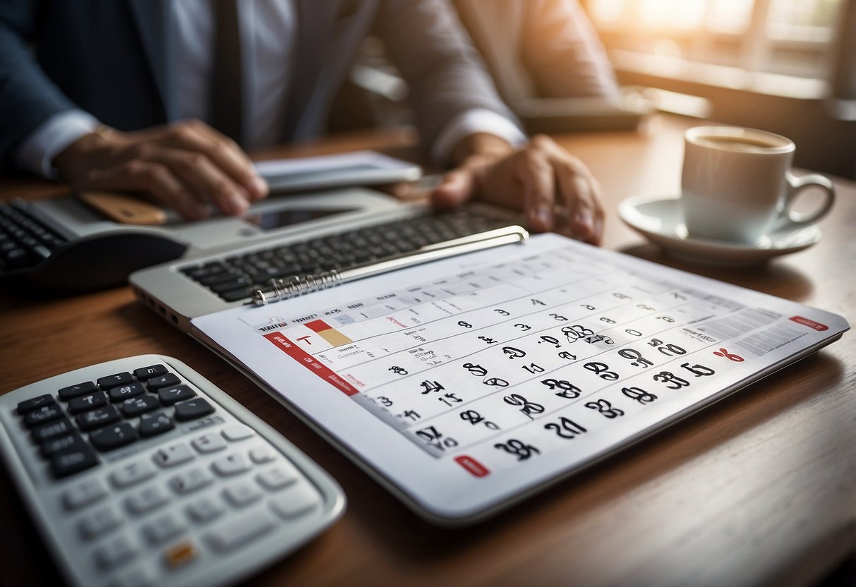 A person working at a desk with a calendar, laptop, and phone. A clock on the wall shows a balance between work and personal time