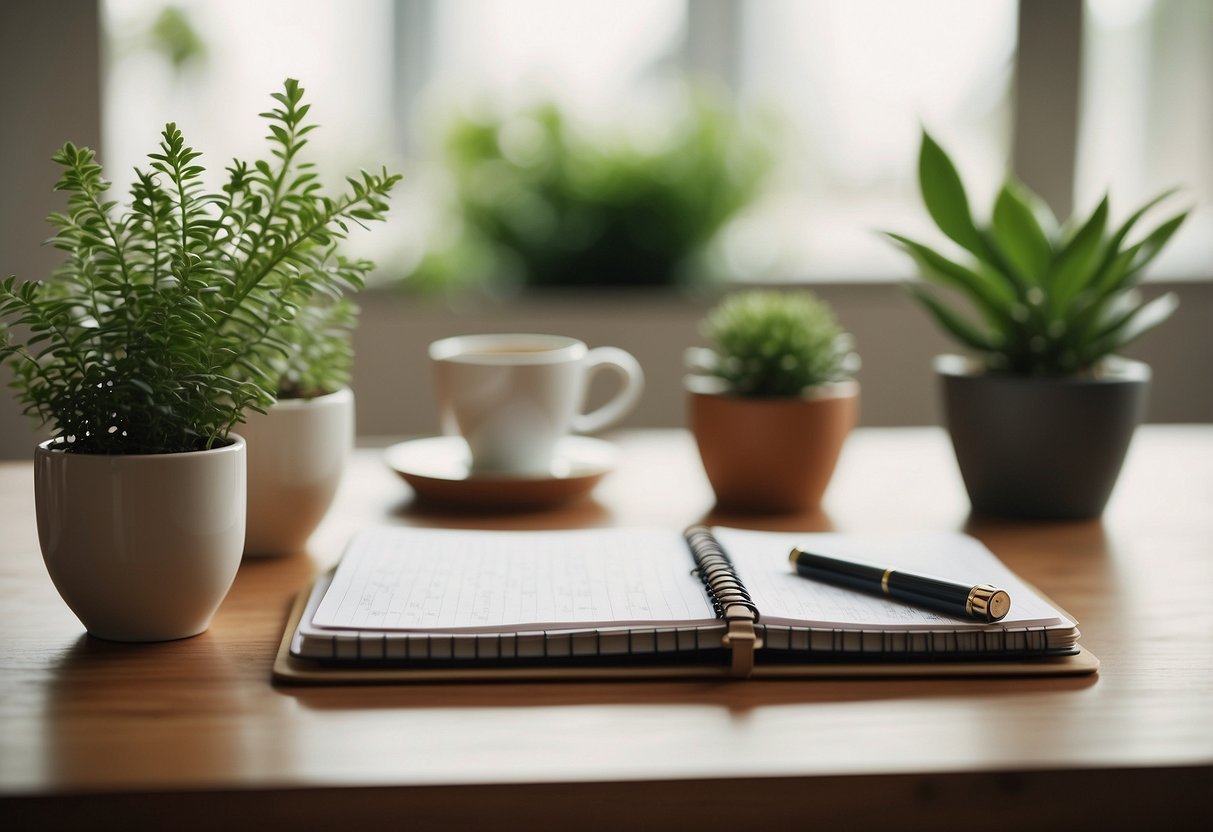 A serene office desk with a neatly organized planner, a soothing plant, a cup of herbal tea, and a calming essential oil diffuser