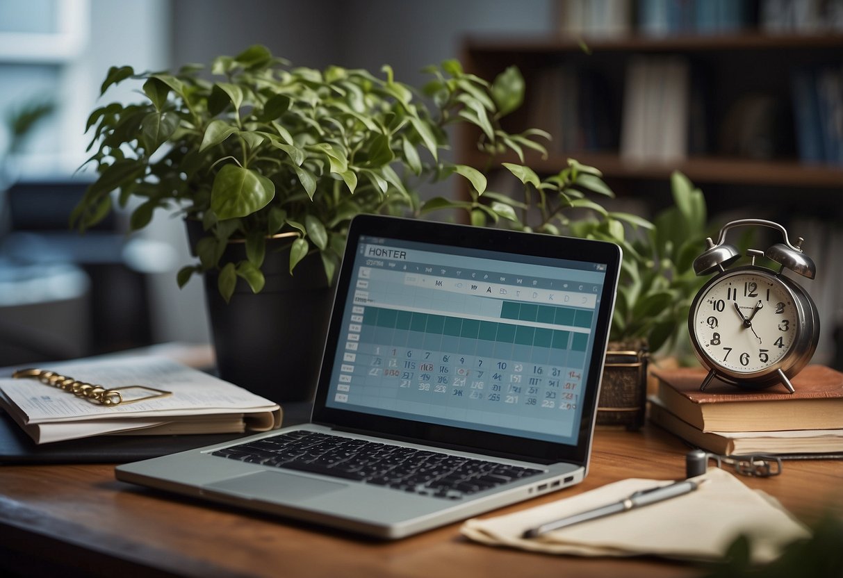 A cluttered desk with a laptop, overflowing inbox, neglected calendar, and a clock showing late hours. A neglected plant wilting in the corner