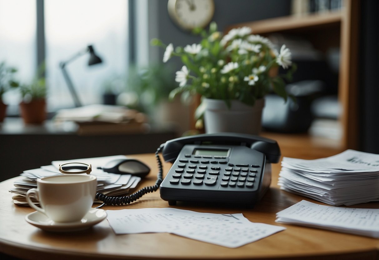 A cluttered desk with a calendar showing missed deadlines, a neglected plant, and a pile of unopened mail. A phone buzzing with unanswered messages and a clock ticking loudly in the background