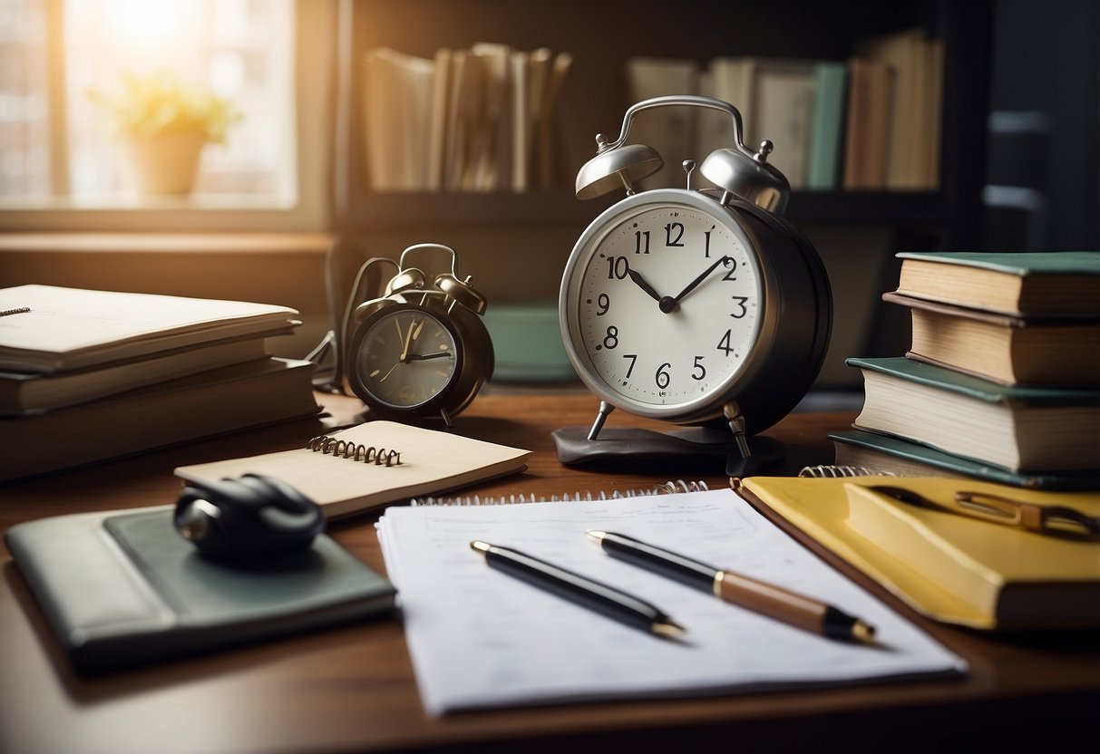 A cluttered desk with unfinished tasks, a neglected planner, a clock showing late hours, and a tired expression on a faceless figure