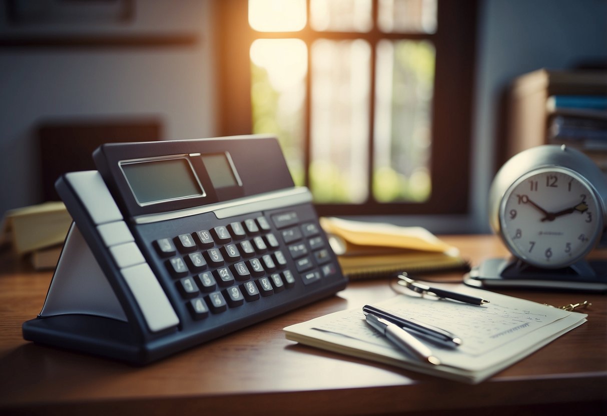 A cluttered desk with a computer and overflowing files, a calendar showing no personal time, and a clock with hands pointing past working hours