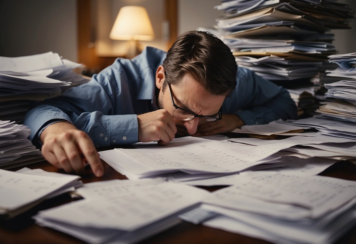 A cluttered desk with a calendar showing missed deadlines, a phone ringing off the hook, and a disheveled stack of papers. A person hunched over with a look of exhaustion and frustration