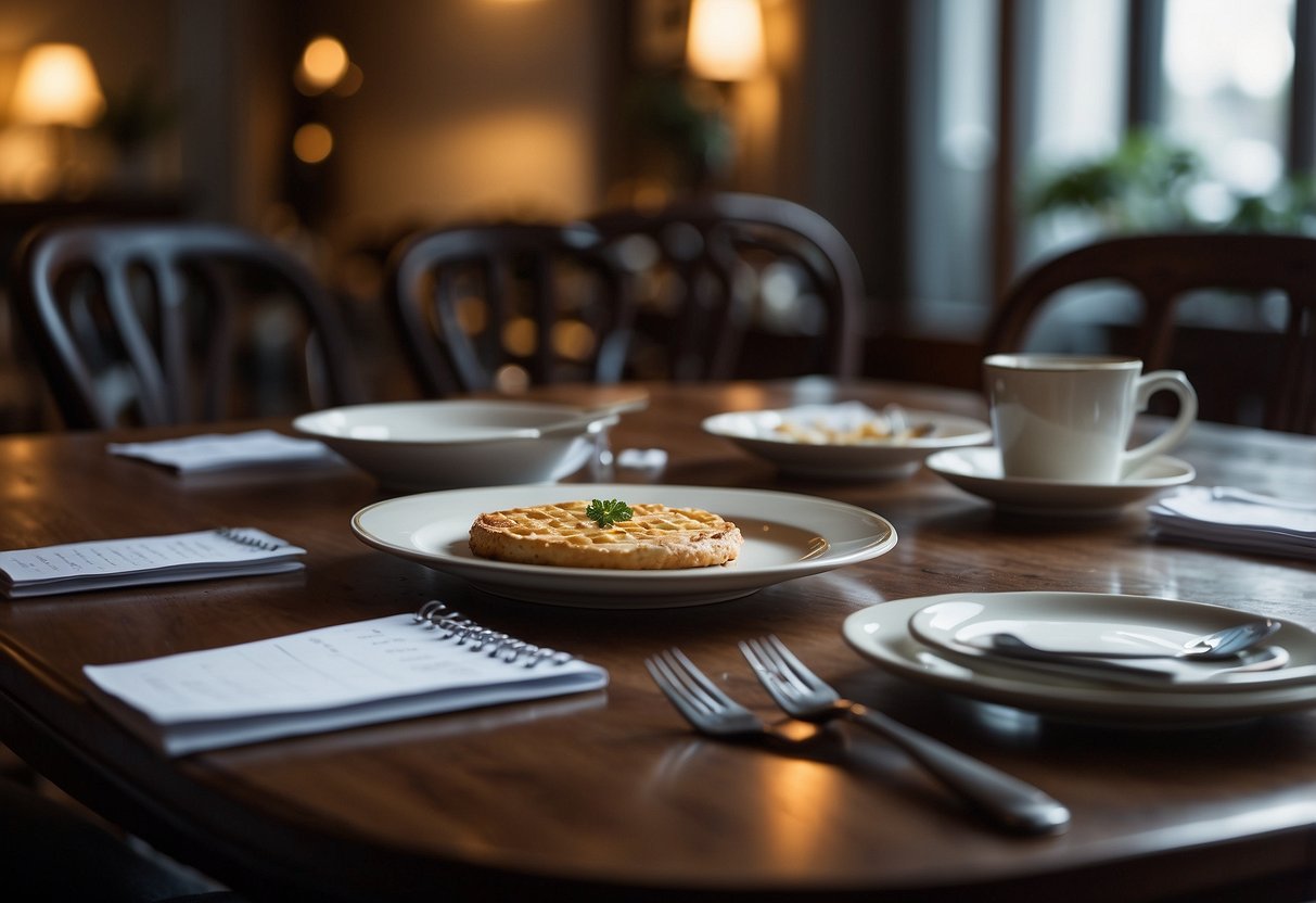 A deserted dining table with untouched plates, a neglected phone, and an empty calendar signify declining social interactions and a need for work-life balance adjustment