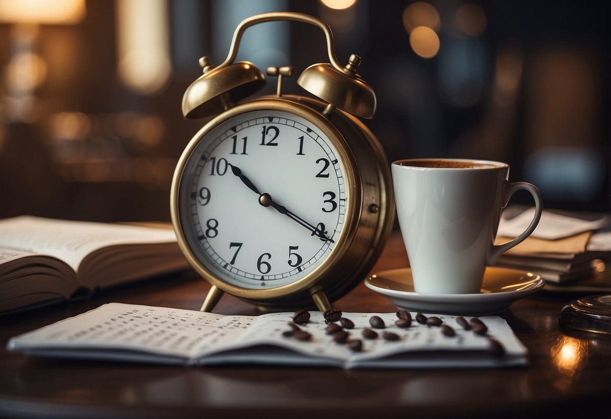 A clock showing different times, a messy bed, empty coffee cups, and a calendar with crossed out dates