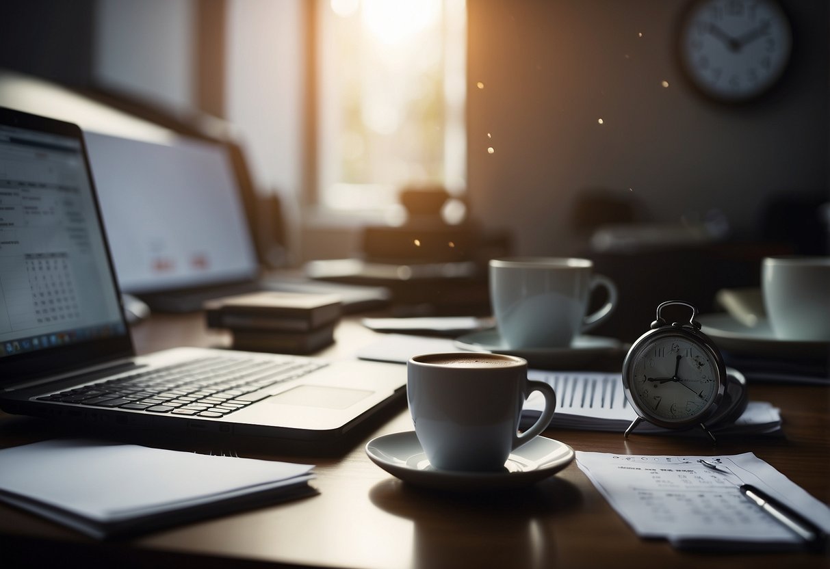 A cluttered desk with a laptop, papers, and a calendar. A clock on the wall shows late hours. Empty coffee cups and a tired expression on a faceless figure