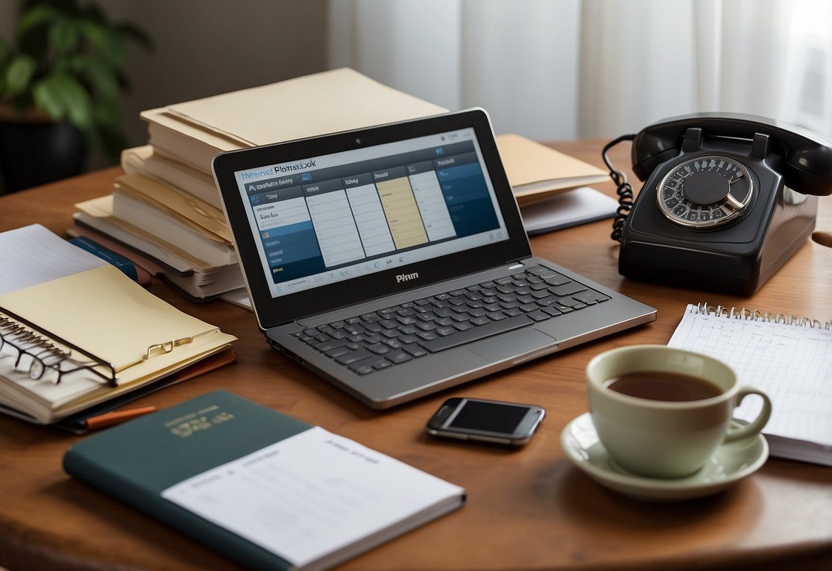 A cluttered desk with a calendar showing missed deadlines, a ringing phone, and a neglected family photo. A laptop with unfinished work sits next to a neglected self-care book