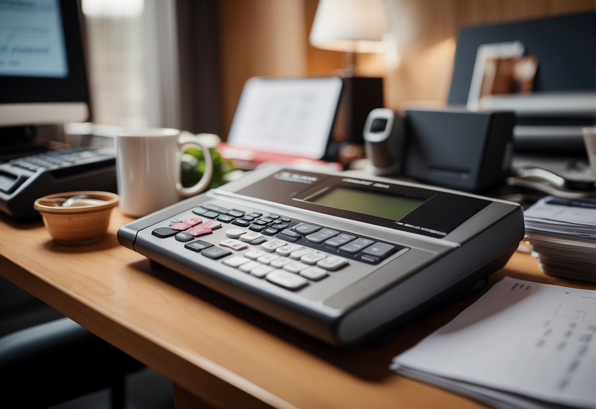 A cluttered desk with a neglected treadmill in the corner, a calendar with no leisure time marked, and a pile of takeout containers hint at a lack of physical activity and an imbalance in work-life after a significant life event