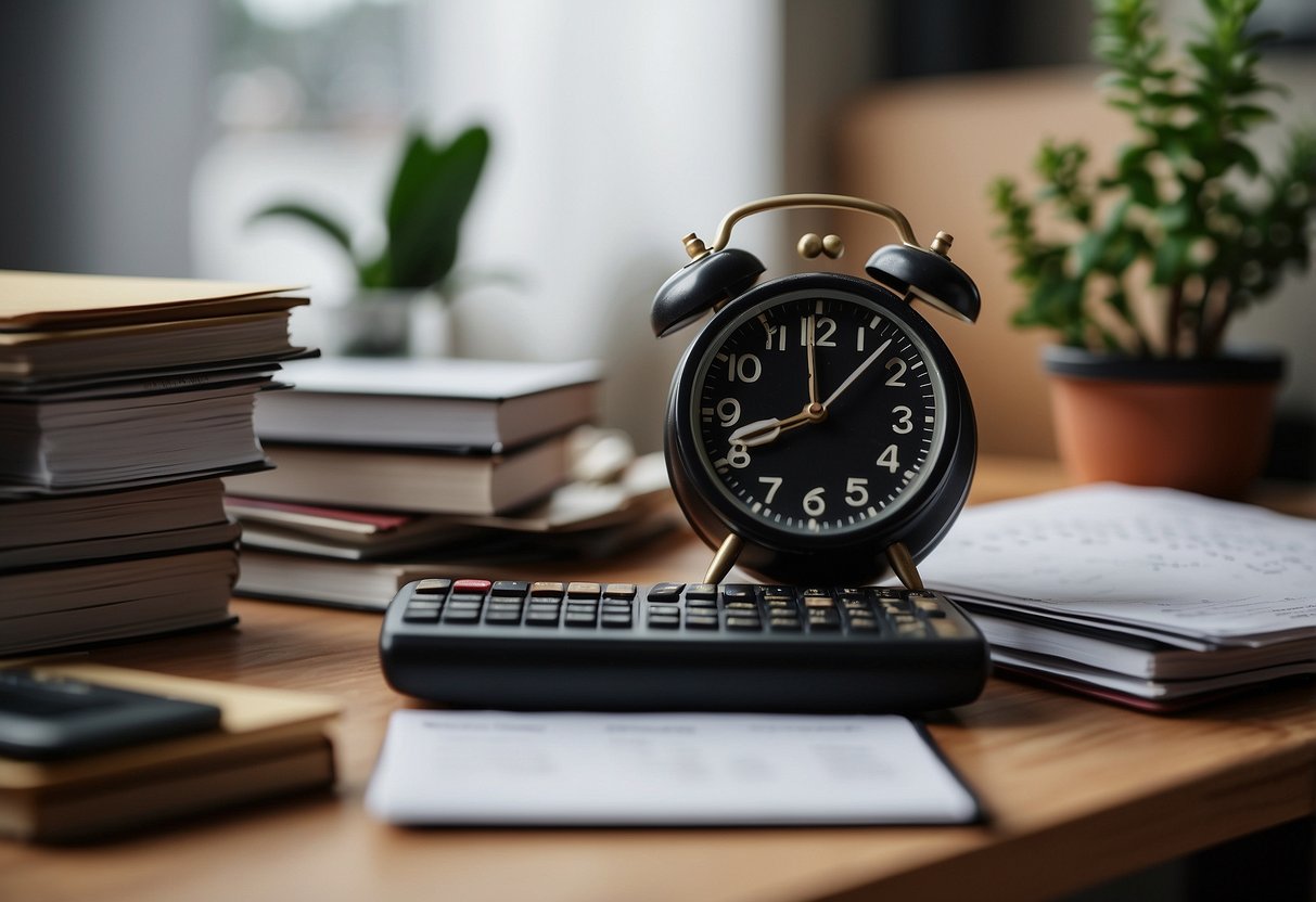 A cluttered desk with a calendar showing missed deadlines, a stack of unfinished work, a clock showing late hours, and a neglected plant symbolizing unbalanced work-life