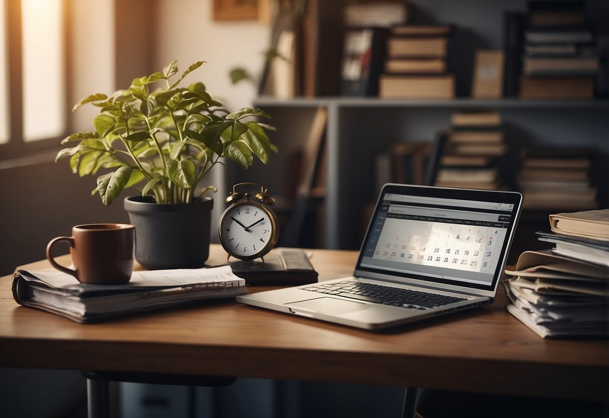 A cluttered desk with a calendar showing missed deadlines, a neglected plant, and a laptop with a stack of unfinished work. A clock on the wall shows late hours